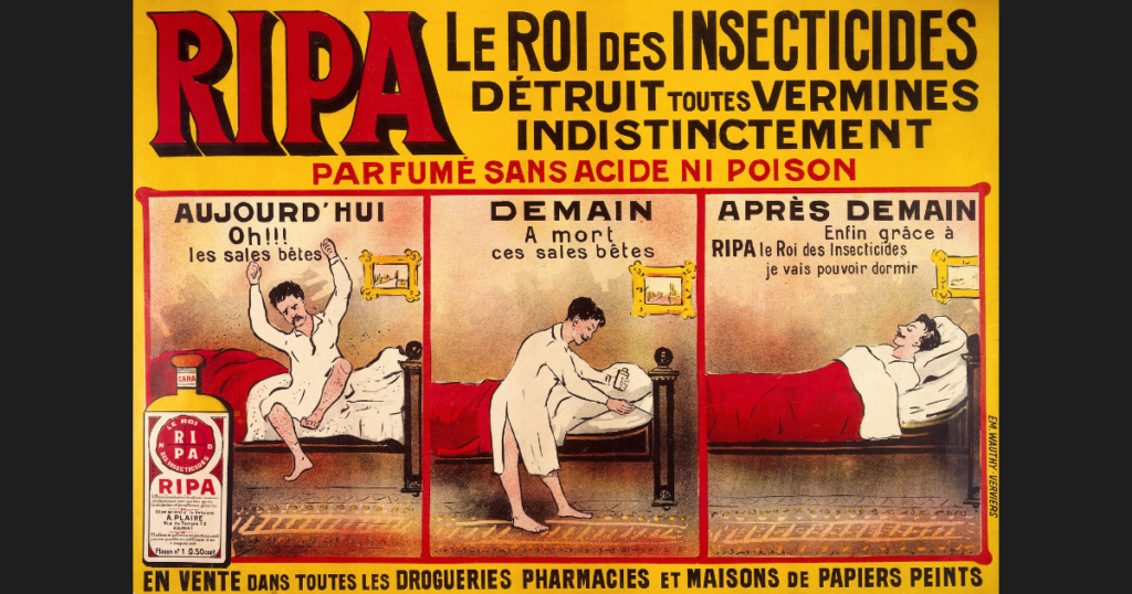 Vintage French RIPA insecticide poster from around 1900 showing three panels of a man dealing with bedbugs in his bedroom — first being bitten, then treating the bed with insecticide, finally sleeping peacefully