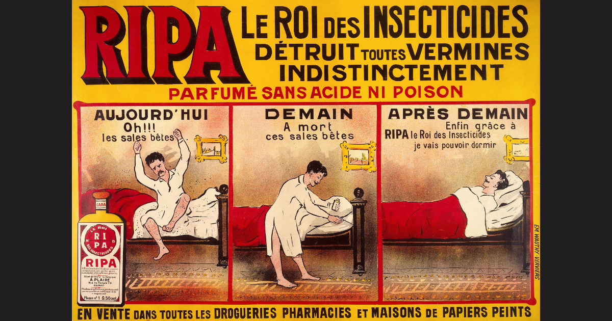 Vintage French RIPA insecticide poster from around 1900 showing three panels of a man dealing with bedbugs in his bedroom — first being bitten, then treating the bed with insecticide, finally sleeping peacefully