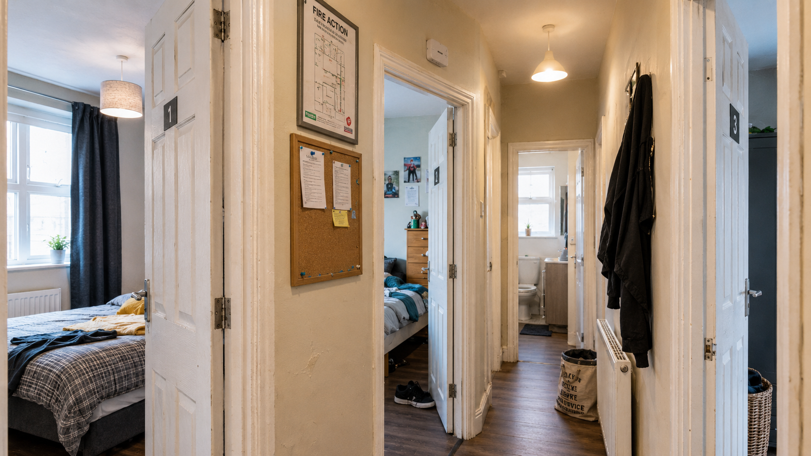 Shared hallway in a UK HMO with numbered bedroom doors and communal bathroom